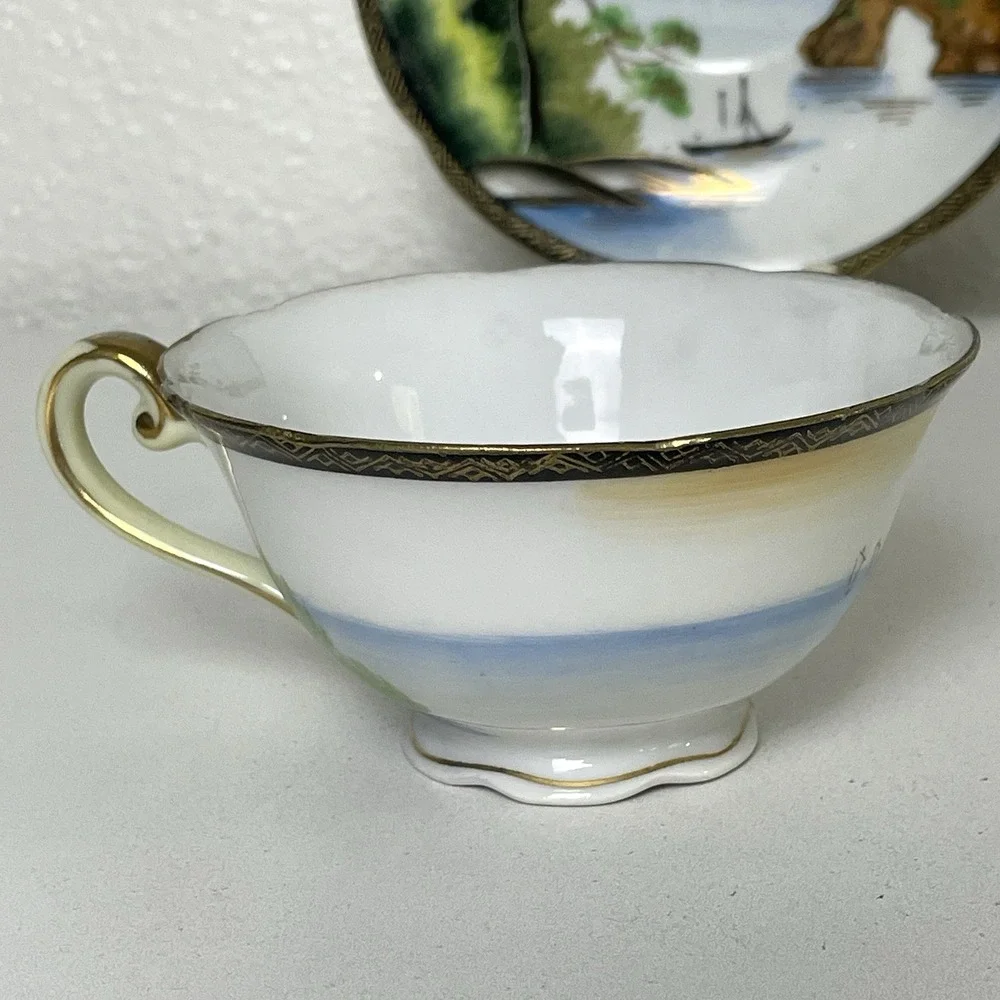 Vintage 1950s Japan Hand Painted Porcelain Teacup Saucer Japanese Design 5 oz